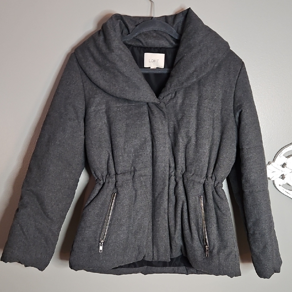 LOFT Gray Puffer Jacket with Shawl Collar